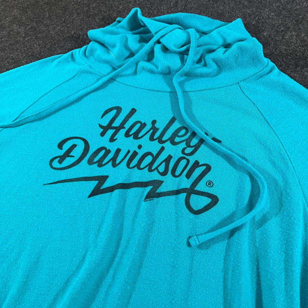 Harley Davidson Hoodie Womens 2XL Teal Blue Cowl Neck Pullover Graphic Biker Tee